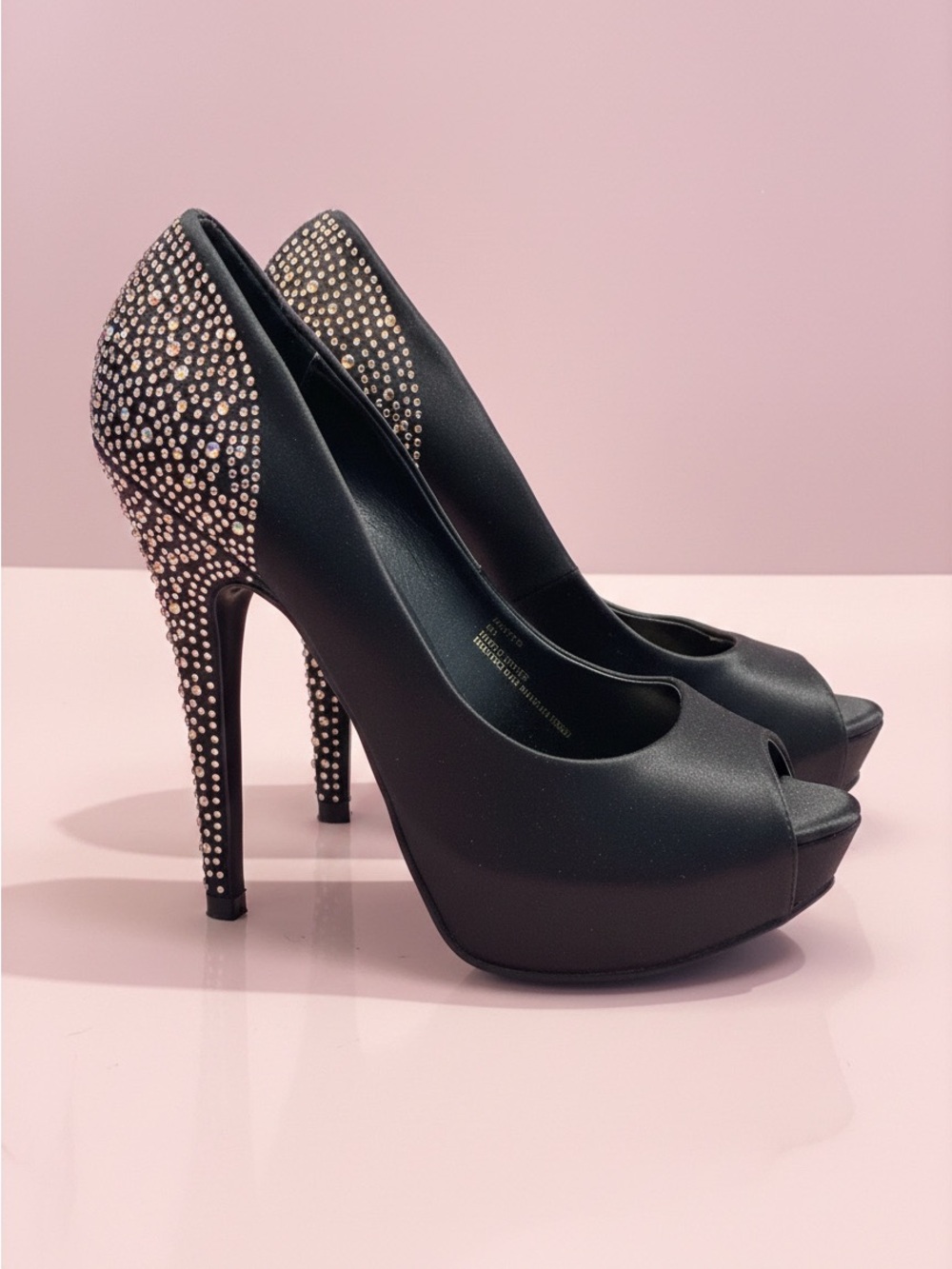 Steve Madden Black Peep-Toe Platform Heels with Crystal-Studded Heel